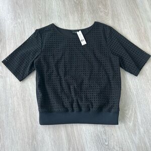 Theory short sleeve blouse. Wmns L. Black cotton eyelet minimalist chic Designer